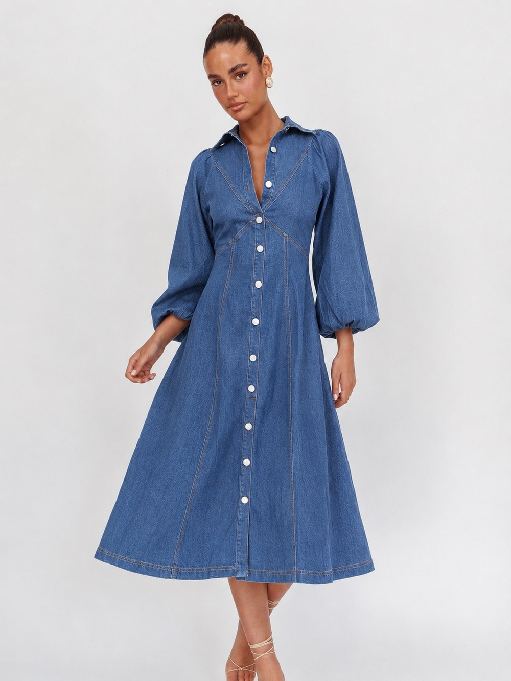 Selfie Leslie Denim Ania Long Balloon Style Midi Dress Sz M